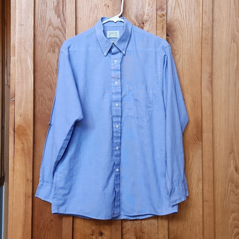 Arrow Long Sleeve Button Up Office Dress Shirt Neck 15.5 Blue & White Gingham